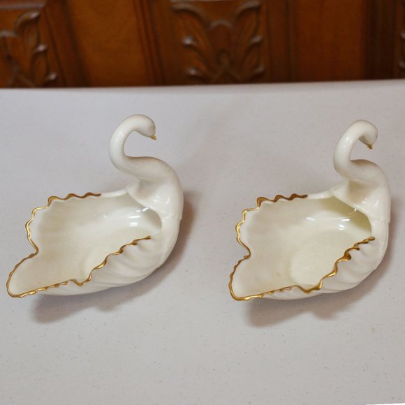 Vintage Set of (2) Lenox Gold Trim Swans Porcelain Trinket Candy Dish Figurine - Picture 3 of 12